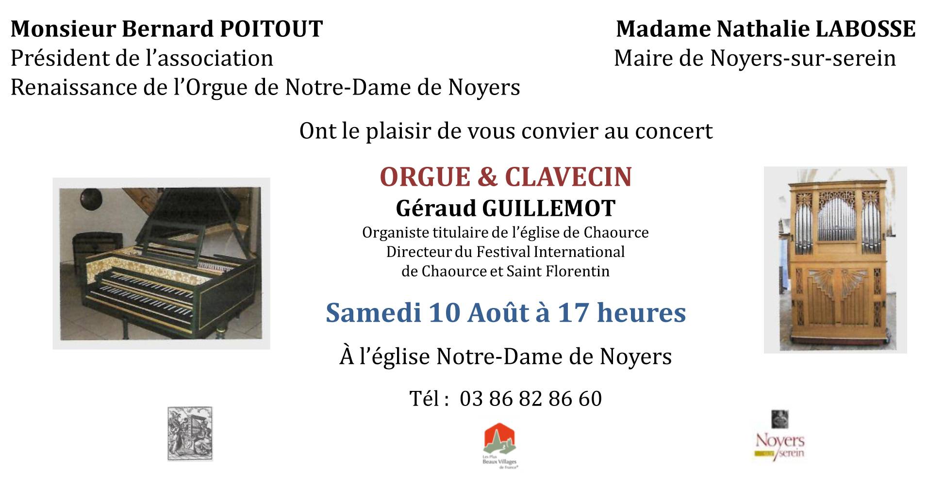 Carton d'Invitation Concert Orue et Clavecin Noyer sur Serein 10 aout 2019